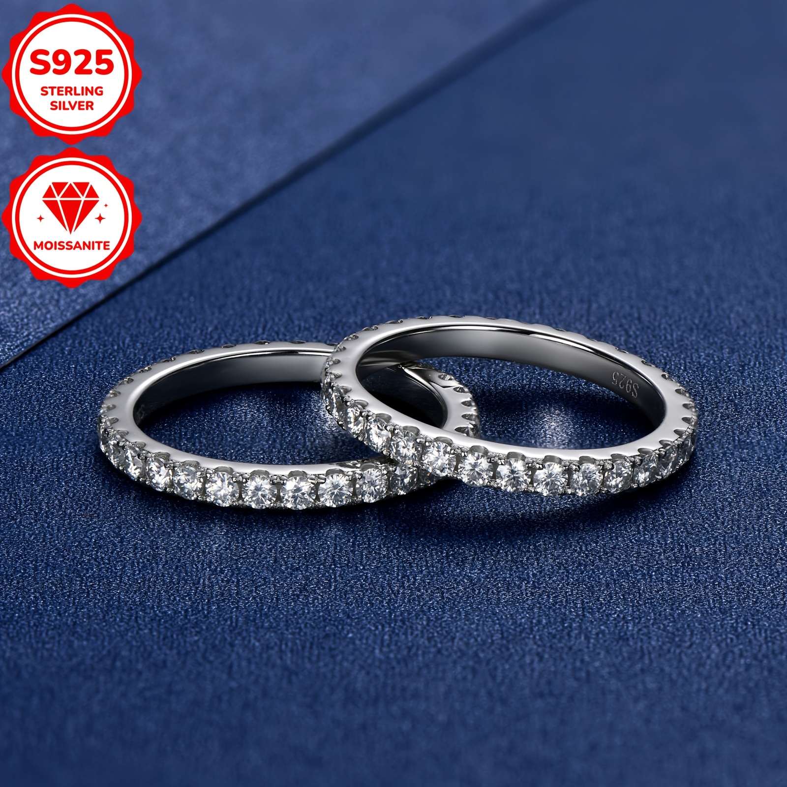 925 Silver Moissanite Stackable Band Ring 2mm 0.03ct Size 4-10